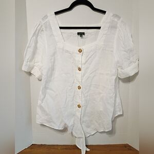 Talbots White Square-Neck Button-Front Linen-Blend Top L Casual Beach Vacation